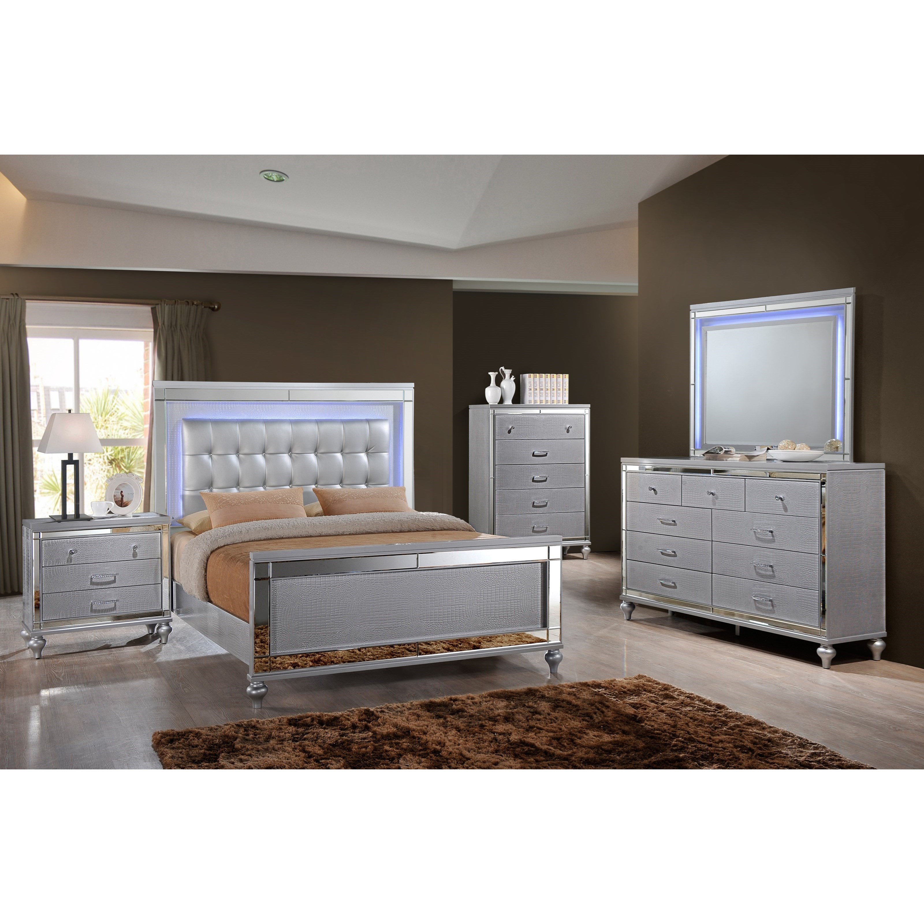 Valentino silver upholstered shop panel bedroom set